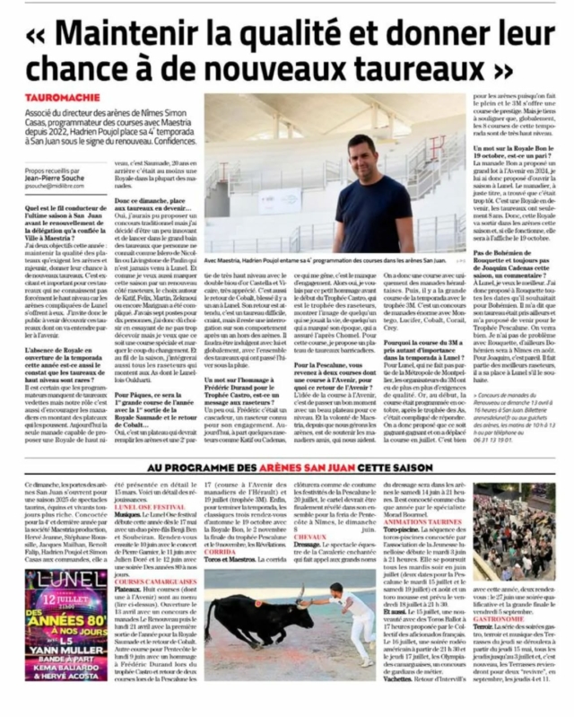 🔥 ON PARLE DE NOUS 🔥

📰 Merci Midi Libre pour la mise en lumière de notre temporada 2025 📰

😍 On a vraiment hâte que la saison démarre !

🚨 Rendez-vous ce dimanche 13 avril pour la première course de la saison 🚨

🎟️ Billetterie ⬇️

📩 Sur internet : www.arenesdelunel.fr

📞 Par téléphone : 06 31 13 19 01 ou 🏟️ Aux guichets des Arènes : 

du lundi au dimanche, de 10h à 13h, et en continu les jours de course. 

#lunel #midilibre #maestría #coursescamarguaises #corrida  #concert #arenesdelunel