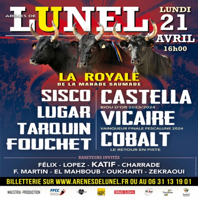 🔥 LA COURSE IMMANQUABLE 🔥

🐂 Plus qu'une semaine avant la Royale de la manade Saumade !

Vous pourrez admirer :

➡️ Castella, biou d'or 2023 et 2024,

➡️ Vicaire, vainqueur de la finale de la Pescalune 2024, 

➡️ Cobalt, pour son retour en piste

➡️ Sisco, Lugar, Tarquin et Fouchet ouvriront le bal.

🗓️ Rendez-vous le lundi 21 avril à 16H pour cette course événement !

🎟️ Billetterie ⬇️

📩 Sur internet : www.arenesdelunel.fr

📞 Par téléphone : 06 31 13 19 01 et 🏟️ aux guichets des Arènes : 

du lundi au vendredi, de 10h à 13h, et en continu les jours de course. 

🐂 Impossible de rater ça, non ?

#coursescamarguaises #lunel #arenesdelunel #taureaux