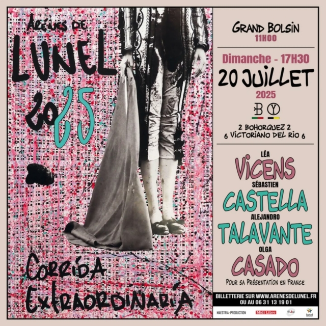 ⭐ Lunel et les étoiles du toreo : une nouvelle date à marquer d’une pierre blanche. ⭐

🐂 Après l’immense succès populaire et artistique de l’édition 2024, une nouvelle Corrida Extraordinaire attend l’aficion pescalune le dimanche 20 juillet prochain. Un rendez-vous d’exception, placé sous le signe de l’émotion, de la grandeur et de l’élégance de l’art taurin dans sa plus pure expression.

Un cartel de rêve, unique, sublimé par la présence de trois toreros qui incarnent chacun, à leur manière, la noblesse tauromachique :

• Léa Vicens, véritable reine du toreo équestre, viendra offrir toute la classe et la maîtrise de son rejoneo.

• Sébastien Castella, figure incontournable des arènes San Juan et icône mondiale, reviendra à Lunel au sommet de son art, dans le cadre de sa 25e année d’alternative.

• Alejandro Talavante, le génial maestro extremeño, auteur d’un début de temporada étincelant, laissera une fois de plus s’exprimer à Lunel la profondeur envoûtante de son toreo.

➡️ Ce trio d’exception accompagnera la présentation en France de la prodigieuse torera madrilène Olga Casado, révélation éclatante de ce début de saison.

🐂 Ce cartel d'exception fera face aux toros de deux ganaderias iconiques : Victoriano del Río et Fermín Bohórquez.

🖌️🎨 Aux pinceaux de l’affiche, c’est le matador nîmois Jonathan Veyrunes qui nous fait l'honneur d'une création haute en couleur et en panache, fidèle à l’esprit lunellois et à la hauteur de cette corrida hors du commun.

Ce cartel s’élève bien au-delà de l’ordinaire, par la seule présence de celles et ceux qui portent en eux l’éclat, la profondeur et la vérité du toreo.

📅 Dimanche 20 juillet 2025 : “Lunel se viste de oro, Lunel se viste de toros”…

🎫 Vous pouvez déjà acheter vos places ⬇️

💻 Sur internet : 
https://www.arenesdelunel.fr/2025-07-20-corrida-dimanche-20-juillet-2025-17h30/

🏟️ Aux guichets des Arènes, tous les jours de 10h à 13h

☎️ Et par téléphone au 06 31 13 19 01

#corrida #corridaextraordinaria #cartel #lunel #arenesdelunel #toros #castella #talavante #vicens #casado #victorianodelrio #bohorquez