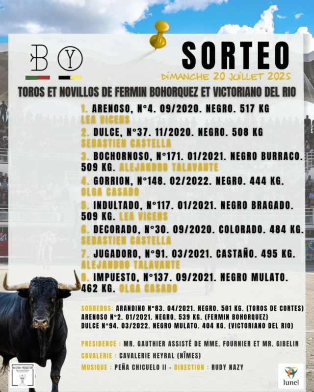 💥 SORTEO et CUADRILLAS // 

➡️ Voici l'ordre de sortie des toros et novillos de Fermin Bohorquez et Victoriano del Rio ainsi que les cuadrillas qui accompagneront Sébastien Castella, Alejandro Talavante et Olga Casado. Retrouvez également dans le détail, la "Cuadra de Caballos" de la rejoneadora Léa Vicens.

#lunel #corridaextraordinaria #corrida #arenesdelunel